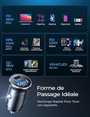 LISEN Chargeur Allume Cigare USB C, PD 36W & QC 18W Chargeur Voiture Rapide3.0, Mini Alumencigare USB C, Prise Allume Cigrae 12 V pour iPhone 17 Pro Max 16 15 14 13 Galaxy S24 23 iPad Tablette Airpods