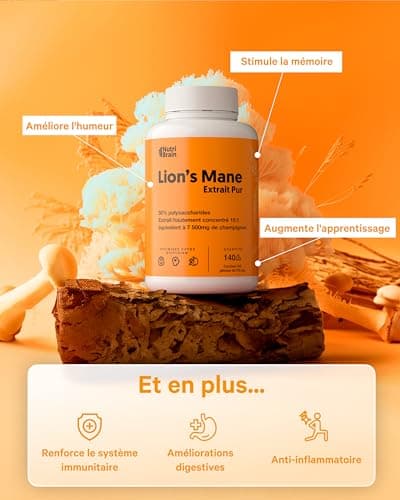 Lions Mane Pure 7500mg (2x1) Ultra-concentrée 50% | Nootropic : Mémoire, Concentration et Santé Cérébrale | Amélioration Cognitive à Long Terme | Bien-être Émotionnel et Gastro-intestinal | 140 Caps