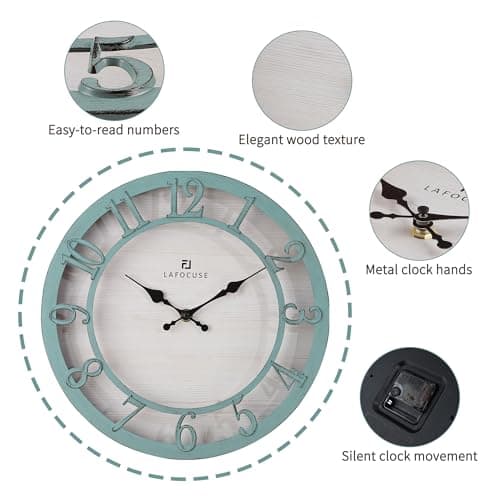 Lafocuse 30cm Horloge Murale Chiffres 3D Vintage, Silencieuse Pendule Murale Rustique Retro, Vert Shabby Chic Déco sans Tictac pour Salon Cuisine Chambre Bureau