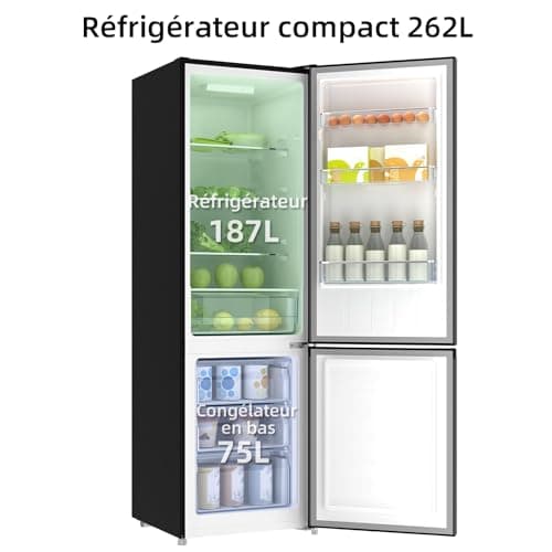CHIQ Réfrigérateur congélateur bas FBM260L 262L (187+75), Low frost, Acier inoxydable, Portes réversibles, 39 db, 12 ans de garantie sur le compresseur
