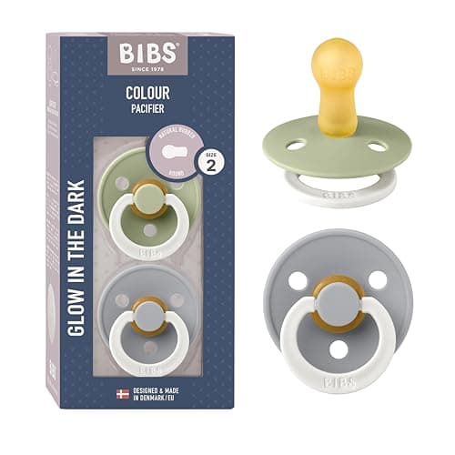 Tétine BIBS Colour Glow. Lot de 2 sucettes. Brillent dans le noir. Sans bisphénol A, Téterelle ronde. Latex de caoutchouc naturel. Taille 2 (Lot de 2), Sage NIGHT/Cloud NIGHT