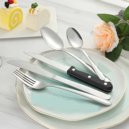 Pleafind couverts avec couteau a steak, 30 pièces couverts de table pour 6 personnes, couvert en argent comprenant cuillère, couteau, fourchette, set couverts de table inox, lave-vaisselle