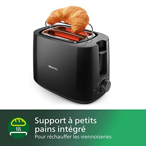 Philips Daily Collection Grille-pain – 2 tranches, 8 réglages Access. réchauffe-viennoiseries intégré, Design compact, Arrêt automatique, Fente Large, Noir (HD2581/90)