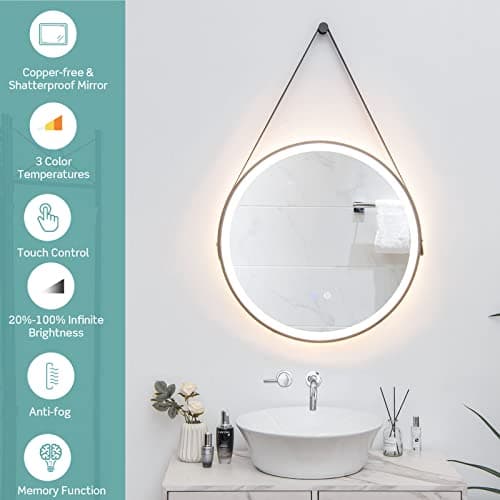LIFEZEAL Miroir Salle de Bain Rond avec Fonction de Dégivrage, Miroir Cosmétique Mural avec Interrupteur Tactile Intelligent, Miroir Maquillage avec Lumière LED de 3 Couleurs, Diamètre 60CM, Noir