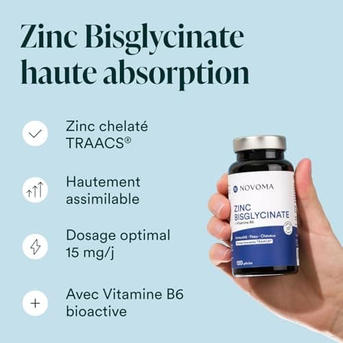 Zinc Bisglycinate 15 mg TRAACS® + Vitamine B6 Bioactive | Haute Absorption & Haute Teneur en Zinc | Complement Alimentaire Immunité & Acné | 120 Gélules | Fabriqué en France | Novoma (ex Nutrivita)