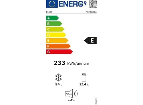 Bosch KGV36VLEAS, Série 4, Réfrigérateur congélateur, Pose libre, 186 x 60 cm, 214 L / 94 L, Inox
