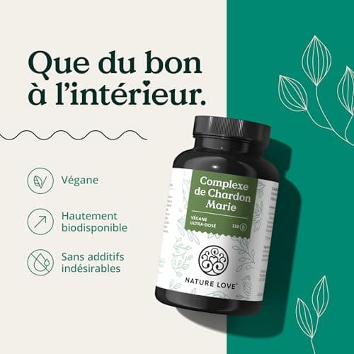 Complexe de chardon Marie NATURE LOVE® - 120 gélules - chardon Marie, artichaut, pissenlit et desmodium - hautement dosé avec 80% de silymarine - testé en laboratoire, végane, produit en Allemagne