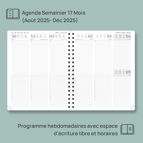 POPRUN Agenda 2025 Semainier 25,5 x 21,5cm D'août 2024 à déc 2025, Planner Vertical Scolaire 17 Mois avec Couverture Rigide Spirale, Poche intérieur, Papier Certifié FSC®80 g/m2 - Rose Clair