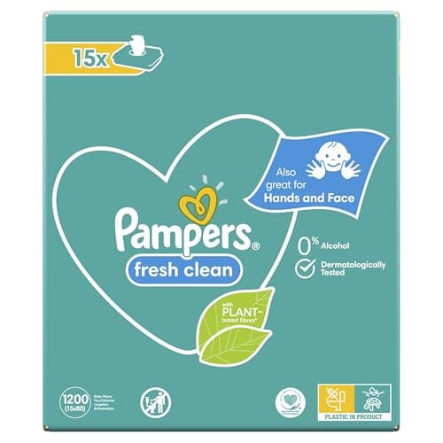 Pampers Fresh Clean, 1200 Lingettes pour Bébé (15x80), Sans Alcool, Aussi Pour Les Mains Et Le Visage