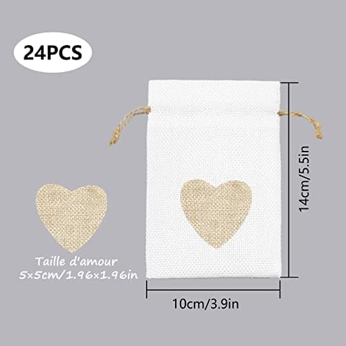 VEGCOO 24Pcs Motif de Coeur Sachets en Toile de Jute Pochettes 10 * 14CM, pour Dragees Mariage pour Bonbons Adeaux Cadeau Baptême Anniversaire Noël Petit (Blanche)