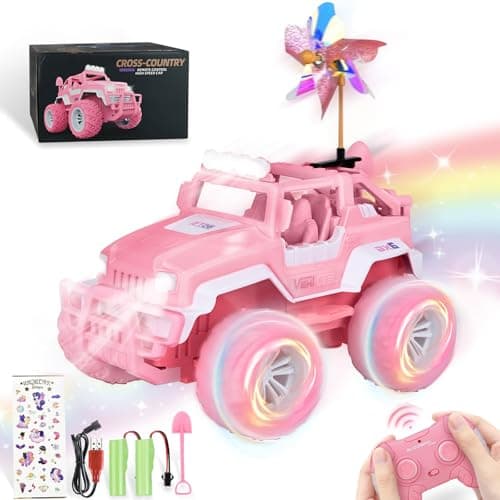 Ulikey RC Voiture Telecommandé, Voiture Télécommandée Fille, Jeep Rose 1:16 avec Lumières LED, Camion SUV Tout-Terrain 2,4 GHz, avec Moulin à Vent, Cadeaux Jouets Anniversaire pour Fille 4-12 Ans