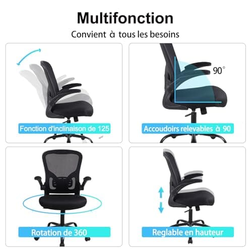 Youhauchair Chaise Bureau, Fauteuil de Bureau avec Accoudoirs Rabattables, Chaise de Bureau Ergonomique Confortable avec Soutien Lombaire, Noir