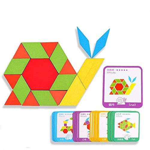 EACHHAHA Puzzle en Bois-Tangram-Jouets Montessori-Jouets éducatifs classiques-155 Formes géométriques et 24 Cartes de Conception pour Enfants adaptées aux Enfants de 3 4 5 6 7 Ans