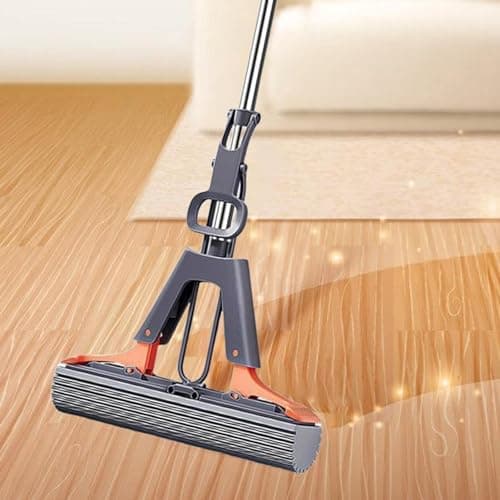Balai éponge Absorbant, Balai Lave Sol avec 2 éponge PVA absorbante et Réutilisables, Serpillière éponge avec Manche télescopique 110cm, Vadrouille éponge pour Nettoyage de Sol