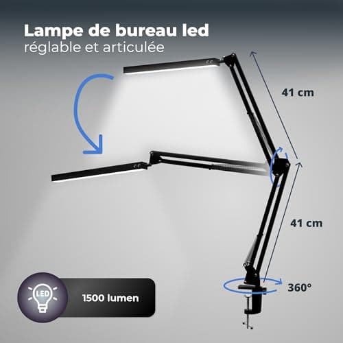 lampework Lampe de Bureau LED Puissante - Lumière Ajustable avec Bras Articulé et Pince - Éclairage Professionnel en Aluminium - Lampe LED Dimmable avec Modes de Couleur pour Bureau, Lit et Table
