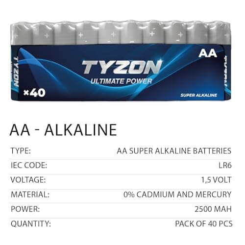 Tyzon® Piles Alcalines AA 1,5 V, Pack de 40 – Durables & Haute Performance, Idéales pour Appareils Ménagers et Électroniques