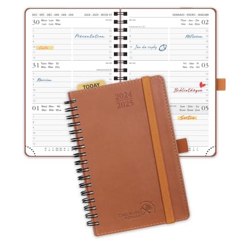 POPRUN Agenda de Poche 2025 16 x 10,5 cm D'août 2024 à déc 2025 - A6 Planner Semainier Scolaire 17 Mois avec Couverture Souple Spirale, Intervalle Horaire, Papier Certifié FSC®80 g/m2 - Marron
