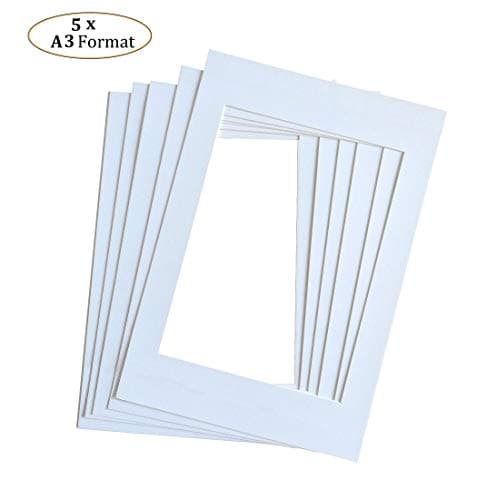 TUKA 5x Passe-Partout DIN A3, Ouverture A4 20,8x29,5cm, Blanc, 1 mm d'épaisseur Passepartout, Sans Acide Résistant au Vieillissement pour l'encadrement Photos Affiches Impressions d'art, TKD9100-A3