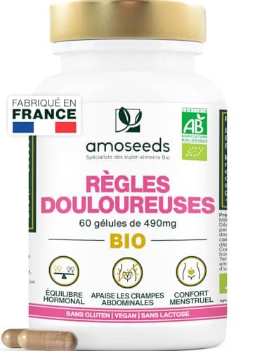 Règles Douloureuses BIO | Apaise les Douleurs Menstruelles | Avant et Pendant les règles | Framboisier, Gattilier, Achillée Millefeuille | 60 gélules de 490mg | Fabriqué en France | Qualité Supérieure