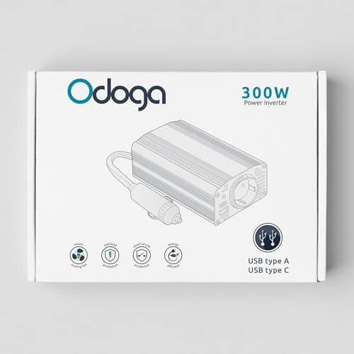 Odoga Convertisseur 12V 220V Voiture – Transformateur 300 W, Onduleur, 3A Port USB-C et USB-A, Convertisseur de Tension, Recharger Votre Ordinateur Portable, Ipad, Iphone et Plus
