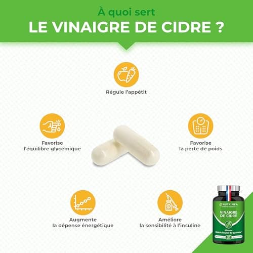 Vinaigre de Cidre - 1500 mg - Avec Chrome - Aide à la Perte de Poids, Contrôle du Taux de Sucre Sanguin - Alternative au Morosil - Goût Neutre - 120 Gélules Vegan - Nutrimea - Fabriqué en France