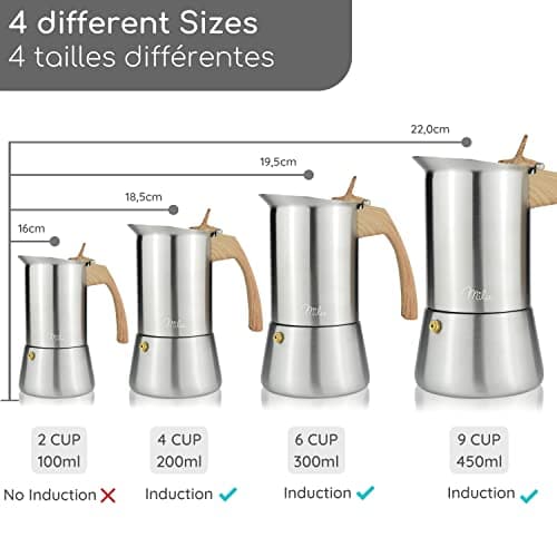 Milu cafetière Italienne Induction | 2 4 6 9 Tasses | Cafetière Moka en INOX, Espresso Maker Acier Inoxydable, Ensemble comprenant un sous-verre, une cuillère (Aspect bois, 6 tasses (300ml