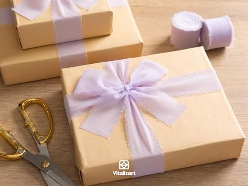 Vitalizart Ruban en Mousseline de Soie Violet Lévandre, Fait Main avec Franges, Total 3,8 cm x 19,2 m, Ruban Effiloché pour Invitations de Mariage, Bouquets de Mariée, Cadeaux Emballages, Bricolage
