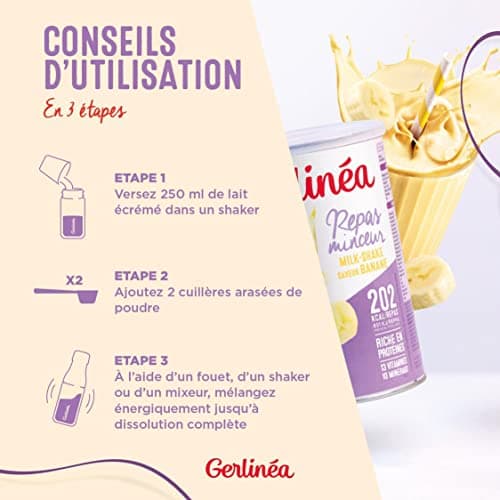 Gerlinéa Boisson Milkshake goût Banane - Substituts de repas riche en protéines - Poudre à reconstituer - contient 15 repas - 220388