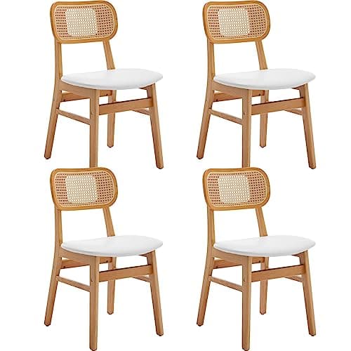 Wahson Lot de 4 Chaise de Salle à Manger en Rotin et Chaise Bois, Chaise Salle à Manger Bois Rétro avec Coussin Imperméable, Chaise de Cuisine Confortable pour Salle à Manger et Salon, Blanc