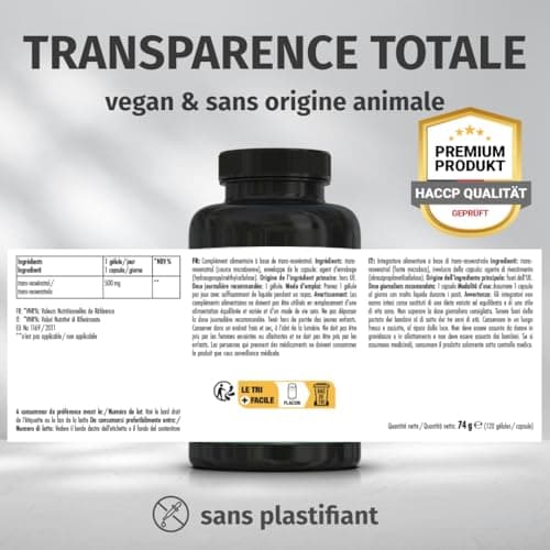 Resvératrol (120 capsules à 500mg de trans-resvératrol) de levure - Fabrication allemande - 100% Végétalien & Sans Additifs - Stock pour 4 mois