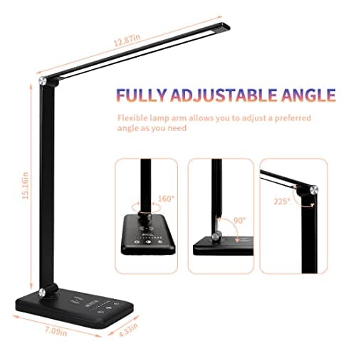 Lampe de Bureau LED avec Chargeur sans Fil, Lampes de Bureau Dimmable 10 Niveaux de Luminosité 5 Modes de Couleur, Lampe de chevet Avec Port USB et Fonction Minuterie, Flexible Contrôle Tactile