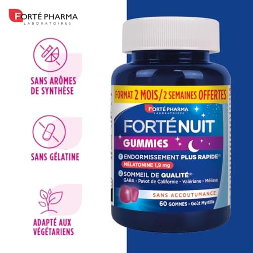 Forté Pharma Complément sommeil FortéNuit Gummies Mélatonine GABA Plantes | Complément alimentaire adulte, Endormissement rapide & sommeil de qualité favorisés, 60 nuits, Programme ou prise ponctuelle
