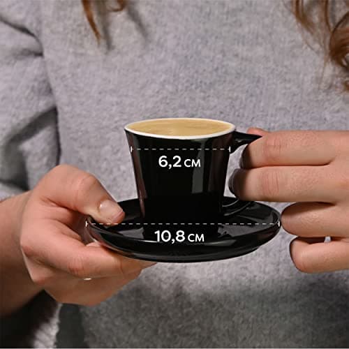 Cosumy Lot de 6 Tasses à Expresso Noires avec Soucoupes - Céramique - Lavable au Lave-vaisselle - Avec Boîte Cadeau - 70ml