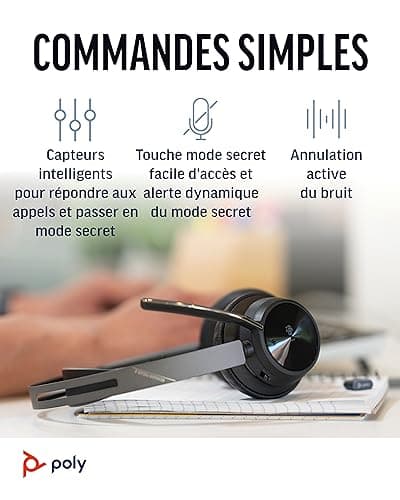 Micro-casque sans fil Poly Voyager Focus 2 UC avec microphone et socle de chargement - Annulation active du bruit (ANC), Connexion à un PC/Téléphone portable via Bluetooth, avec Teams (certifié), Zoom