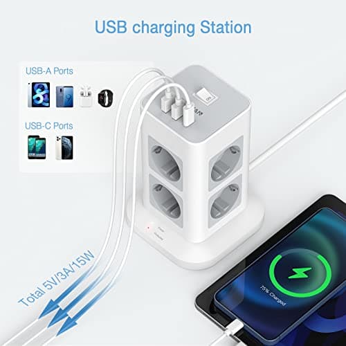 TESSAN Multiprise Parafoudre avec 8 Prises, 2 USB et 1 USB C, Tour Multiprise avec Interrupteur, Multiprise USB Secteur avec Rallonge Electrique 2M, Prise Multiple pour Bureau et Maison, 3600W, Gris