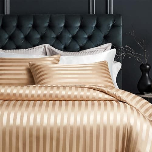 YASMENG Housse de Couette Satin 220x240 Beige Or Rayé Brillant Deluxe Satin Parure de Lit Satin Doux Soyeux Soie Linge de Lit 2 Personne Adulte avec Fermeture Éclair avec Taies d'oreiller 65x65 cm