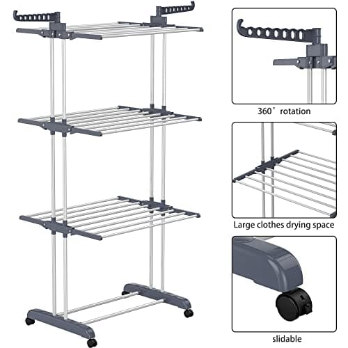 HOMIDEC Etendoir Linge, 4 Niveaux Grande Sechoir a Linge Pliable avec Roues, Acier Inoxydable Seche Linge Etendoir pour Intérieur et Extérieur, Gris