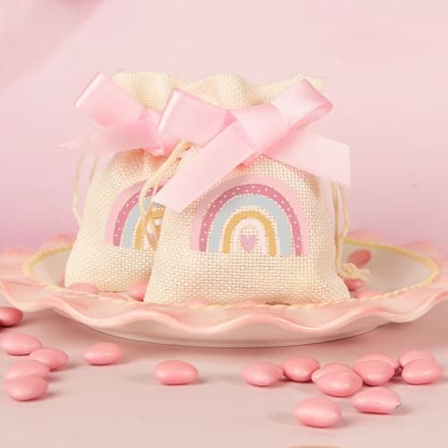 BETESSIN 20pcs Sachet Dragées Arc-en-ciel Bohème en Jute pour Baptême Baby Shower Communion 8x10cm