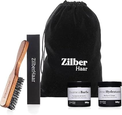 ZilberHaar - Kit de Soins pour Barbe Homme - 1 Brosse à Barbe Regular + 1 Baume à Barbe + 1 Crème Hydratante - Poils de Sanglier Rigides - Pochette en Velours