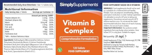 Vitamines B Complexe | Toutes les vitamines du groupe B | 120 Comprimés = 2 Mois de Bienfaits | Adapté aux Végans & aux Végétaliens | Simply Supplements