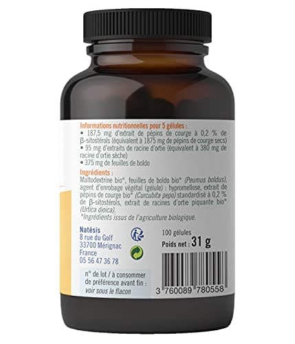 Natésis — Confort Prostate Bio — 100 Gélules — Troubles Urinaires Hommes — Complexe Efficace de Haute Qualité Extraits de Pépin de Courge, Racine d’Ortie et Feuille de Boldo