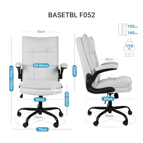 BASETBL Chaise de Bureau, Fauteuil de Bureau Ergonomique de Direction en Tissu avec accoudoirs Pliables, Chaise Gaming réglable en Hauteur, Dossier à Double épaisseur, supporte jusqu'à 150 kg, Gris