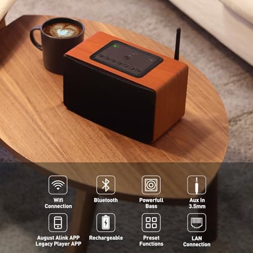 Enceinte Wifi Multiroom Bluetooth Sans Fil Stereo - August WS350 - Haut Parleur Portable Design Puissante Airplay Ethernet Jack 3.5mm Internet Radio Spotify Tidal PC Mac - Secteur et Batterie - Bois
