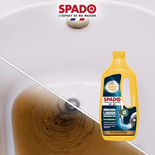 SPADO - Déboucheur liquide - Ecoulement lent - Détruit les odeurs - compatible fosse septique - action dès 15min - soude minérale concentrée 30% - 1 L - Fabriqué en France