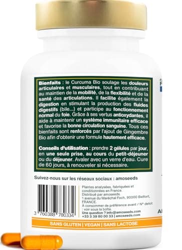 Curcuma BIO Haute Concentration | Avec Gingembre Bio | Curcumine Haute Absorption | Sans Pipérine | Articulations | 120 Gélules | Qualité Supérieure