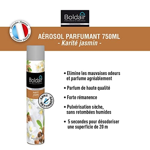 BOLDAIR - Aérosol parfumant Karité jasmin - Elimine les mauvaises odeurs - Parfume agréablement - Forte rémanence - Pulvérisation sèche - 750 ml - Fabrication française