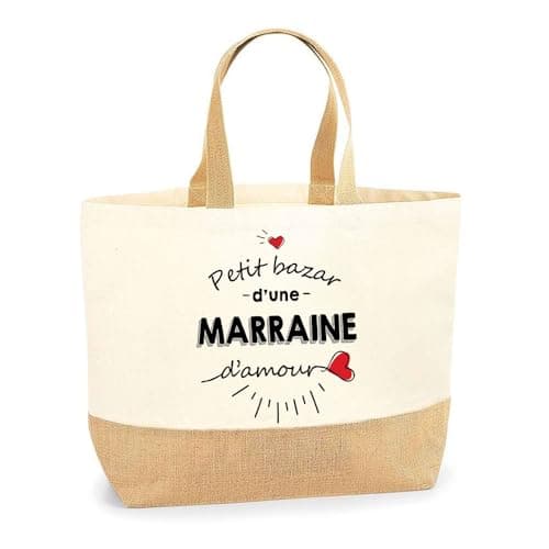 Sac Marraine d'Amour | Cabas de Plage Courses Coton et Toile de Jute Idée Cadeau Femme