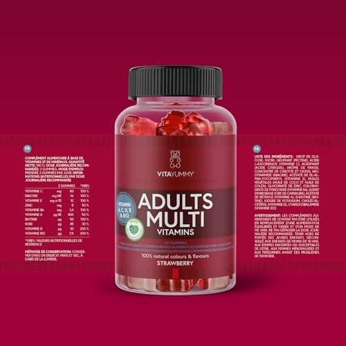 Gommes vitaminées Multivitaminés VitaYummy au Goût Fraise pour Adultes - Oursons Gélifiés Végétaliens en Supplément Alimentaire -Vitamine A,C,D,B12 et Zinc, Soutient le Système Immunitaire, 60 bonbons