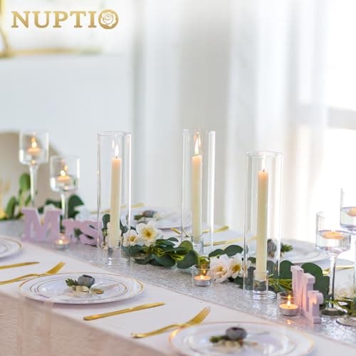 NUPTIO Porte-Bougies en Verre Bougies Coniques - 10 Pcs Porte-Bougies en Verre Bougies Coniques, Abat-Jour Verre Transparent Bougies Coniques Moderne Mariage Noël Table Feu de Cheminée