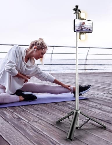 135CM Perche à Selfie Trépied avec 2 Lumière, Trépied pour Téléphone avec Télécommande Détachable, Portable Selfie Stick Trepied Extensible avec Vis de 1/4" Compatible pour iPhone/Android/GoPro/Camera